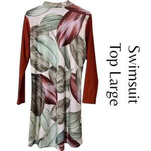 Women’s Tropical Leaves  Lycra Full-Covered Modest Swimsuit Top Sz L